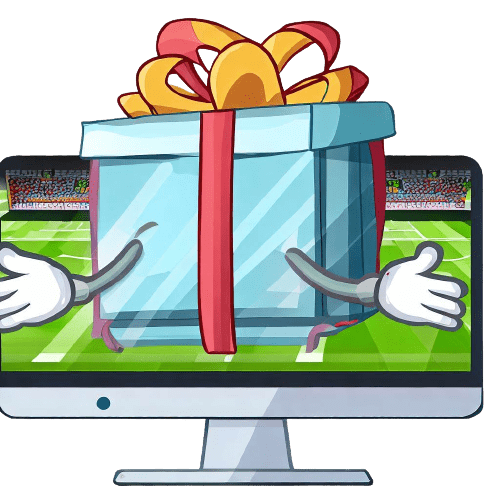Eine Geschenkverpackung auf einem Fußballfeld und aus einem Computer kommend