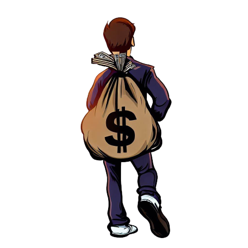 Ein Mann, der auf seinem Rücken eine Tasche mit der Aufschrift ’Dollar’ hält