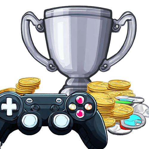 Ein virtueller Spielcontroller, ein Pokal und Silbermünzen
