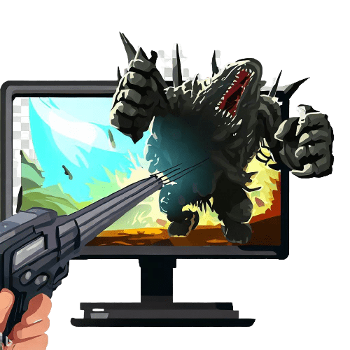 Eine Hand mit einer Kampfwaffe, die auf ein Monster in einem Computer zielt
