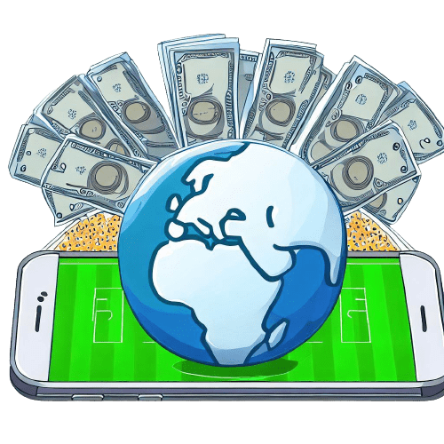 Eine Weltkugel auf einem Telefon, das ein Fußballfeld zeigt und von Geldscheinen umgeben ist.