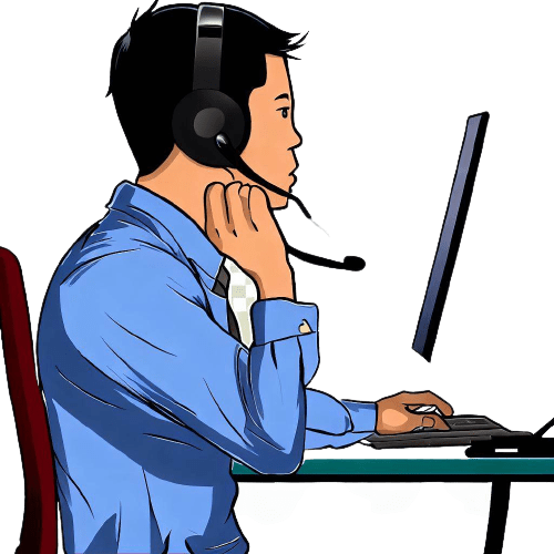 Ein Mann mit einem Headset vor einem Computer