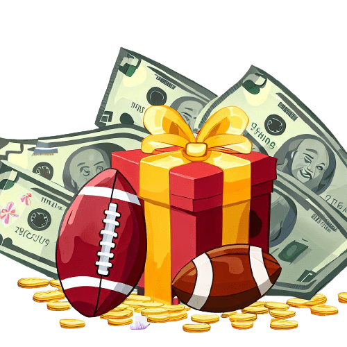 Eine Geschenkverpackung, zwei American Football Bälle, Münzen und Geldscheine