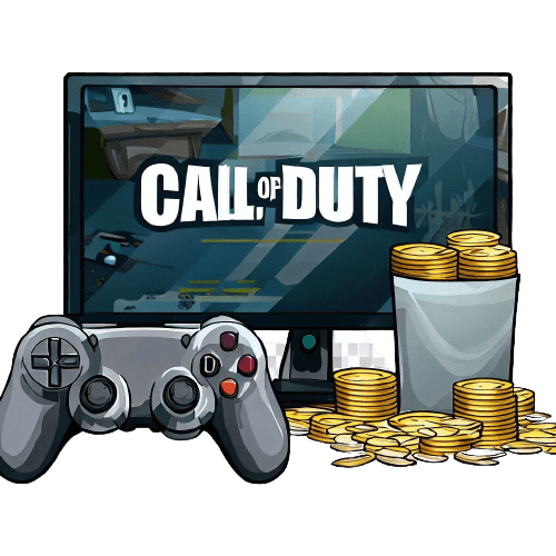 Ein Computer mit der Aufschrift Call of duty, ein Joystick und Silbermünzen