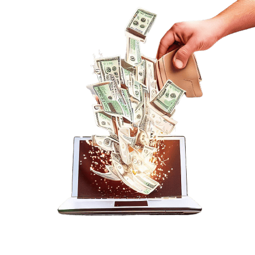 Eine Hand, die Geldscheine in einen Computer für Sportwetten einzahlt